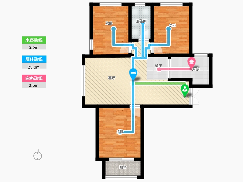 瀚唐3室2廳1衛(wèi)0廚108.00㎡動線圖