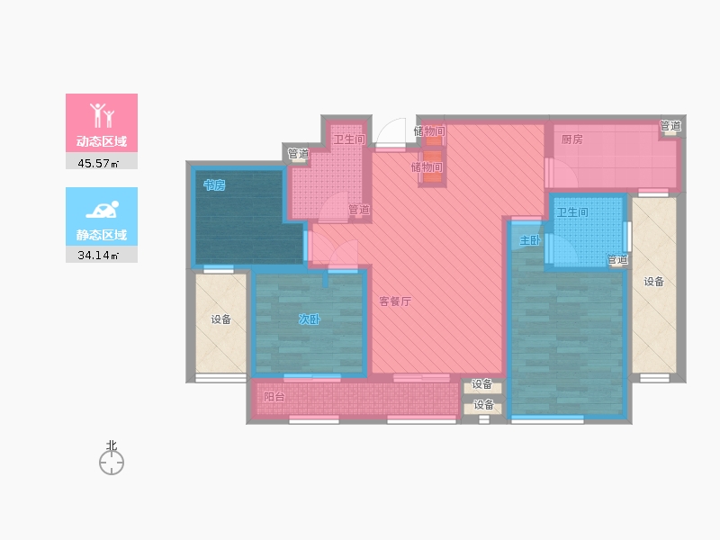 林蔭大院3室1廳2衛(wèi)1廚116.00㎡動靜分區(qū)圖