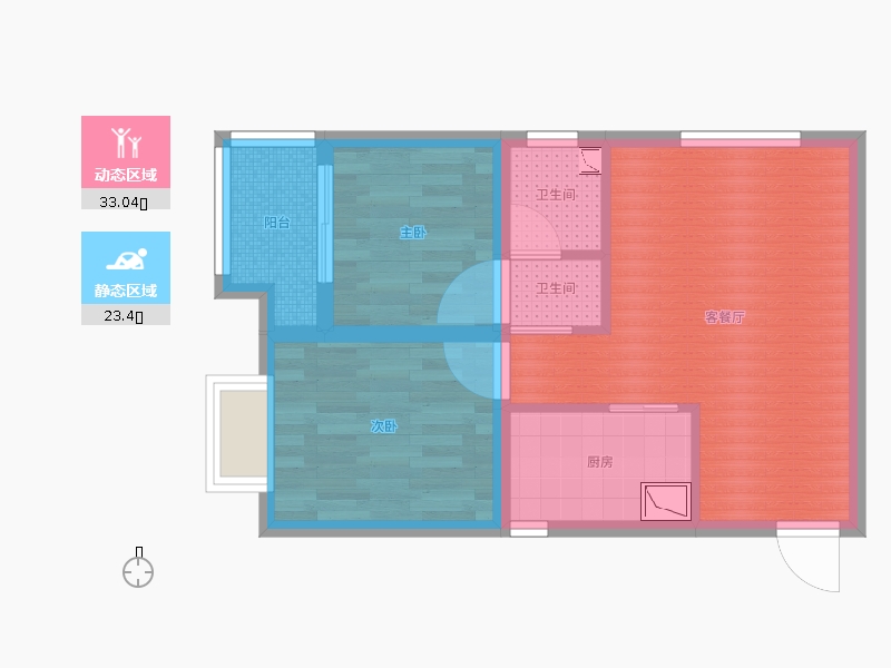 潤德天悅城2室2廳2衛(wèi)1廚61㎡動靜分區(qū)圖