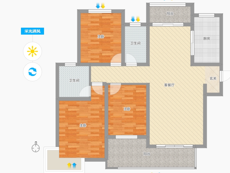 潤德天悅城3室2廳2衛(wèi)1廚133㎡采光通風圖