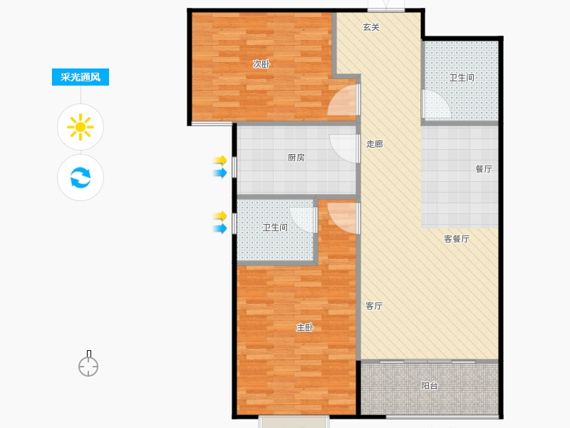 鑫界9號院2室1廳2衛(wèi)1廚100㎡采光通風(fēng)圖