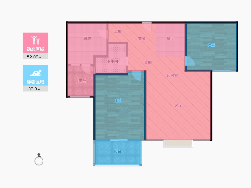 橡嶸灣2室2廳1衛(wèi)1廚86㎡動靜分區(qū)圖